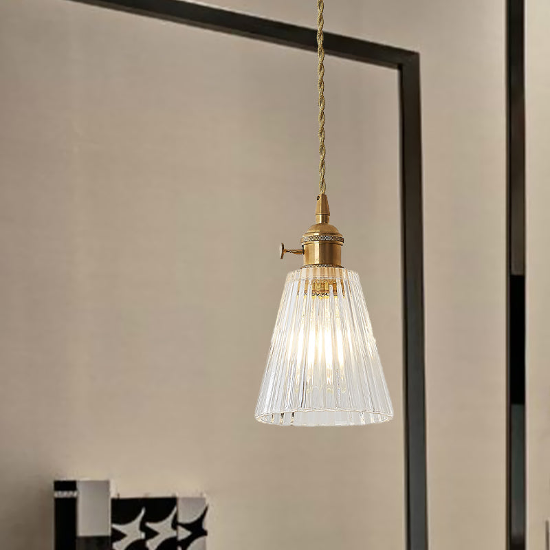 Modern Flared Clear Glass 1-Light Pendant Ceiling Light In Brass