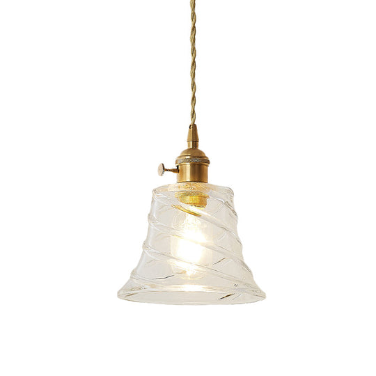 Modern Bell Shaped Clear Glass Pendant Light With Flower/Spiral Design - One Ceiling Fixture