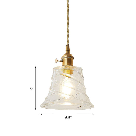 Modern Bell Shaped Clear Glass Pendant Light With Flower/Spiral Design - One Ceiling Fixture