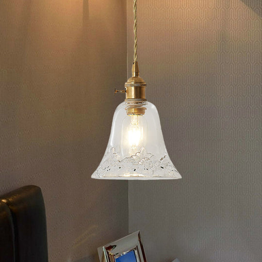 Modern Bell Shaped Clear Glass Pendant Light With Flower/Spiral Design - One Ceiling Fixture