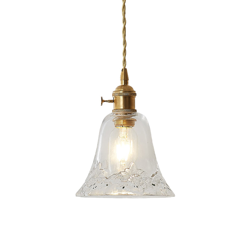 Modern Bell Shaped Clear Glass Pendant Light With Flower/Spiral Design - One Ceiling Fixture