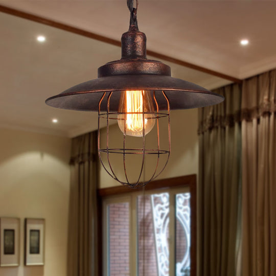 Nautical Rustic Saucer Pendant Light With Cage Shade - Wrought Iron Ceiling Fixture