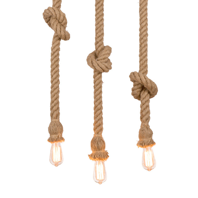 Country 3-Light Beige Rope Pendant With Open Bulb - Natural And Stylish Balcony Lighting