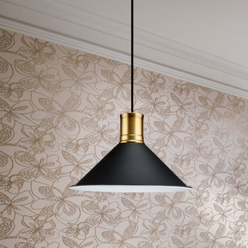 Industrial Vintage Pendant Lighting - Metallic Black Finish Conic 1-Light Suspension For Bedroom