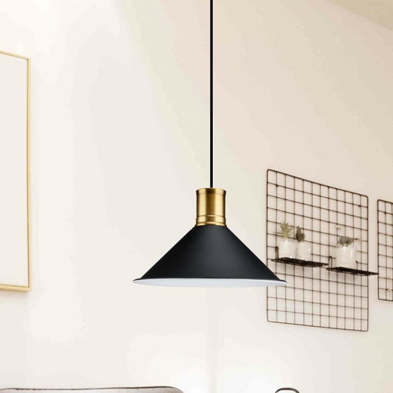 Industrial Vintage Pendant Lighting - Metallic Black Finish Conic 1-Light Suspension For Bedroom