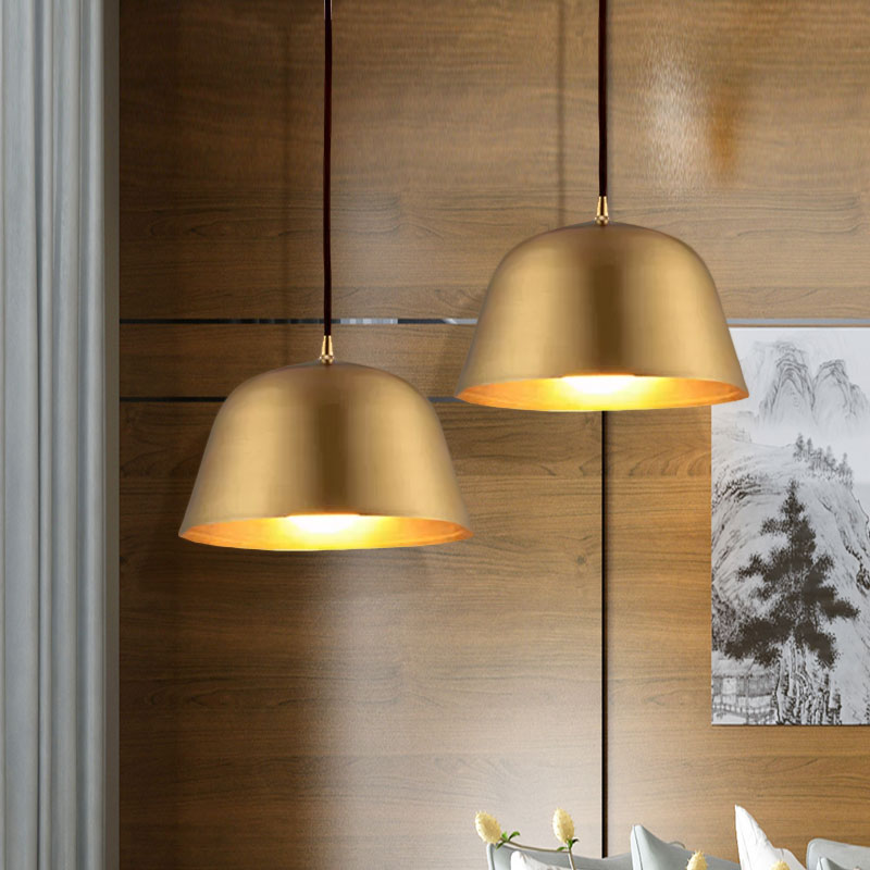 Industrial Style Hanging Light With Metallic Brass Finish - Cone/Dome Shade Ceiling Fixture For