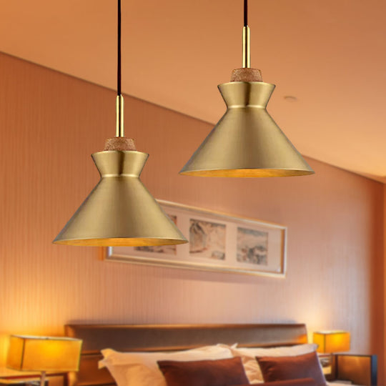 Industrial Style Hanging Light With Metallic Brass Finish - Cone/Dome Shade Ceiling Fixture For