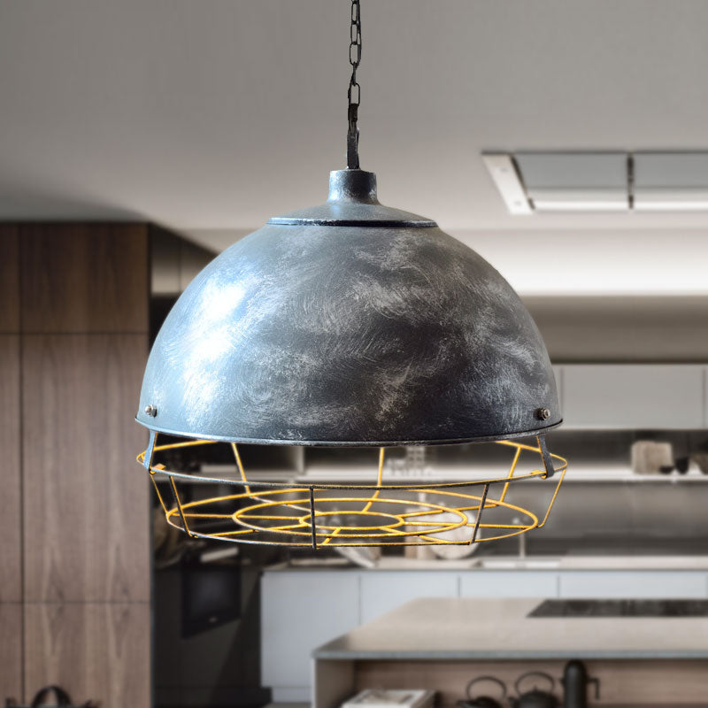 Vintage Dome Pendant Lamp - Iron Hanging Light Fixture For Dining Room In Black/Aged Silver