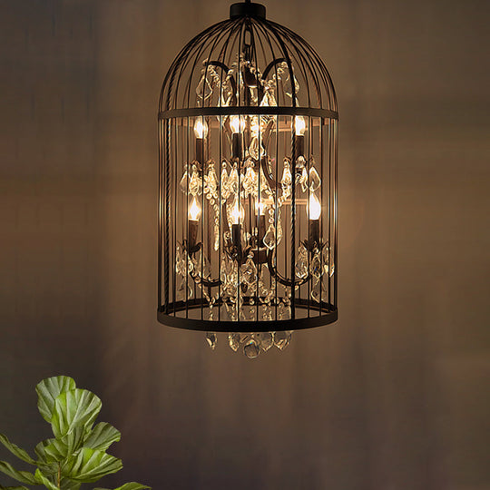 Vintage Industrial Black Metal Pendant Light With Crystal Deco - Multi Birdcage Hanging Design