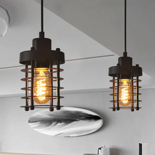 Industrial Pendant Light With Metallic Cage Shade - Matte Black/Rust Ideal For Table Lighting
