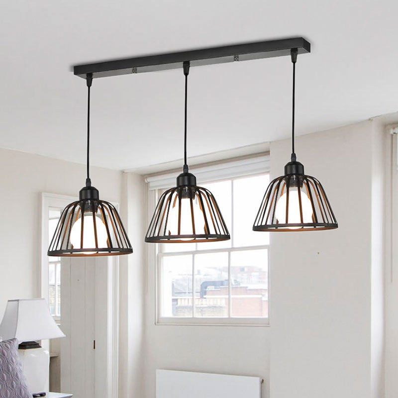 Black Metal Frame Dome Pendant With 3 Light Bulbs For Kitchen Ceiling