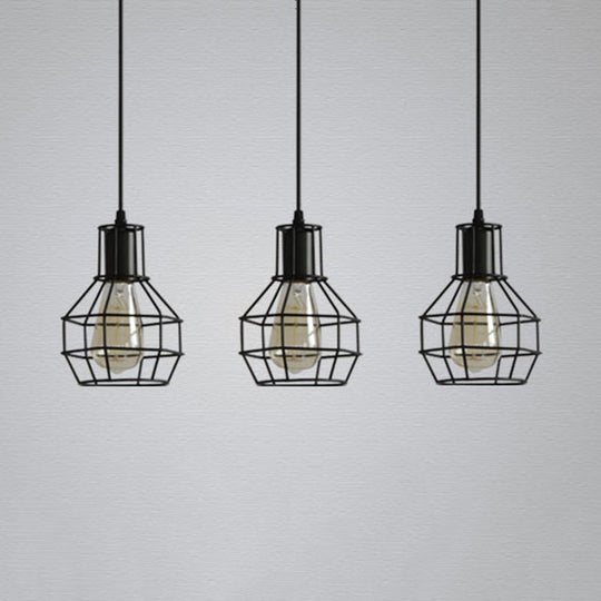 Industrial Matte Black Caged Pendant Light With Globe Shade - 3 Heads Metallic Finish For Dining