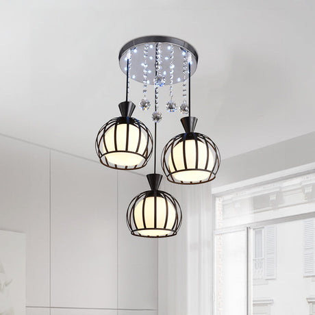Retro Domed Cage Pendant Light With Clear Crystal Ball Deco - Stylish Metal Hanging Lamp (3 Lights)
