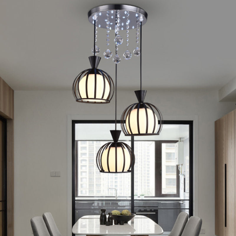 Retro Stylish Domed Cage Hanging Lamp - 3 Metal Pendant Lights With Clear Crystal Ball Deco In