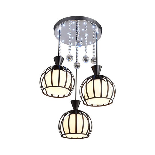 Retro Stylish Domed Cage Hanging Lamp - 3 Metal Pendant Lights With Clear Crystal Ball Deco In