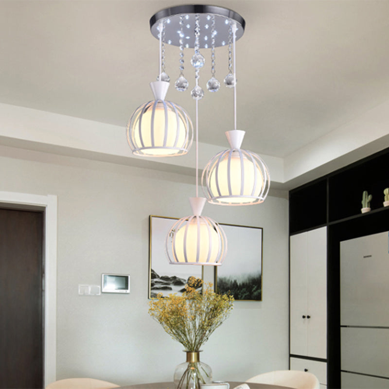 Retro Stylish Domed Cage Hanging Lamp - 3 Metal Pendant Lights With Clear Crystal Ball Deco In