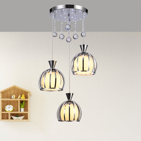 Retro Stylish Domed Cage Hanging Lamp - 3 Metal Pendant Lights With Clear Crystal Ball Deco In