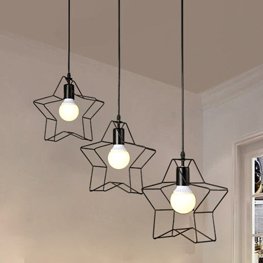 Retro Style Star Pendant Light With Wire Guard Perfect For Coffee Shops - Black Metal Finish 3 Heads