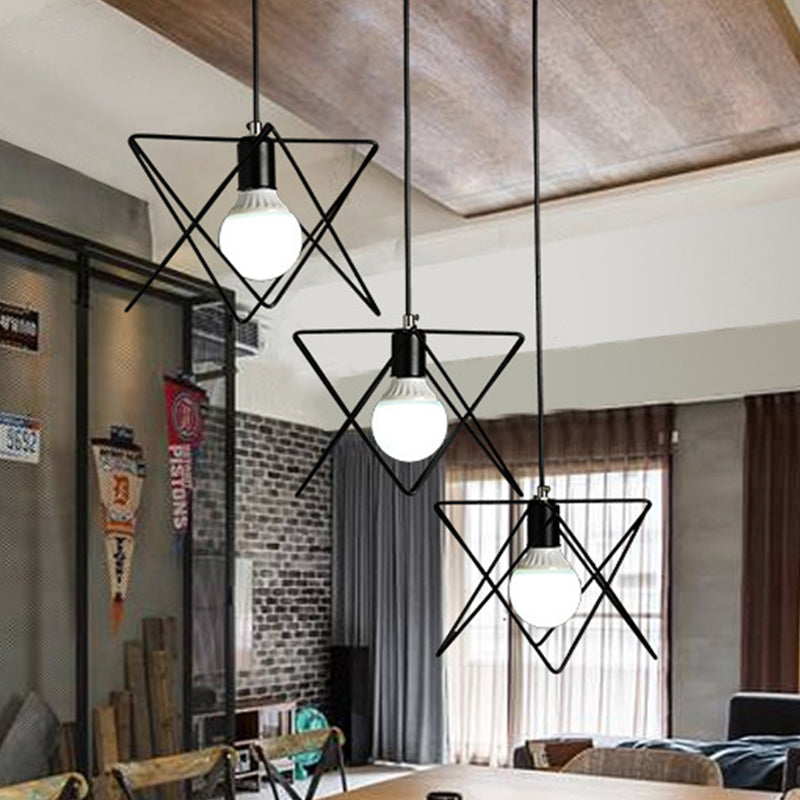 Geometric Pendant Light - Modern Industrial Style Iron Fixture With 3 Heads Black Wire Frame