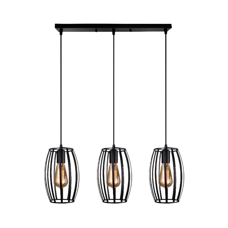 Black/White Oval Pendant Light Loft Style 3-Light Indoor Ceiling With Cage Shade