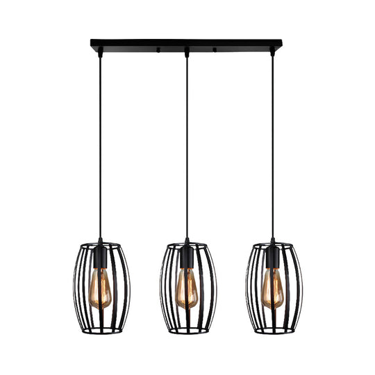 Black/White Oval Pendant Light Loft Style 3-Light Indoor Ceiling With Cage Shade