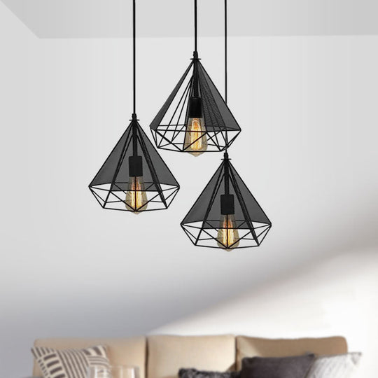 Retro-Style Black Diamond Hanging Light With 3 Metallic Heads - Dining Room Pendant Lighting