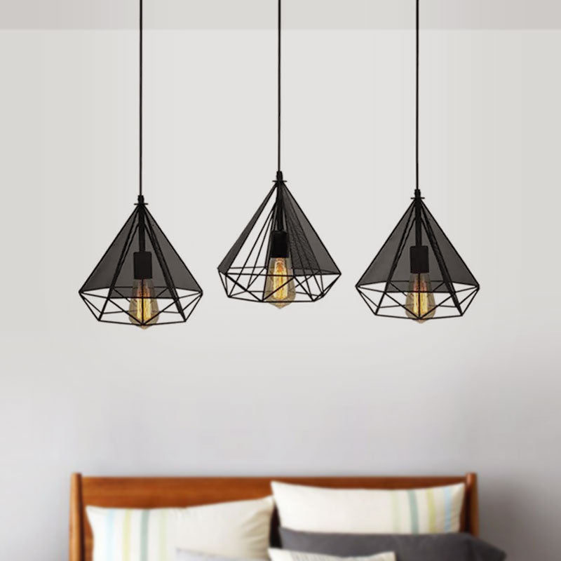 Retro-Style Black Diamond Hanging Light With 3 Metallic Heads - Dining Room Pendant Lighting