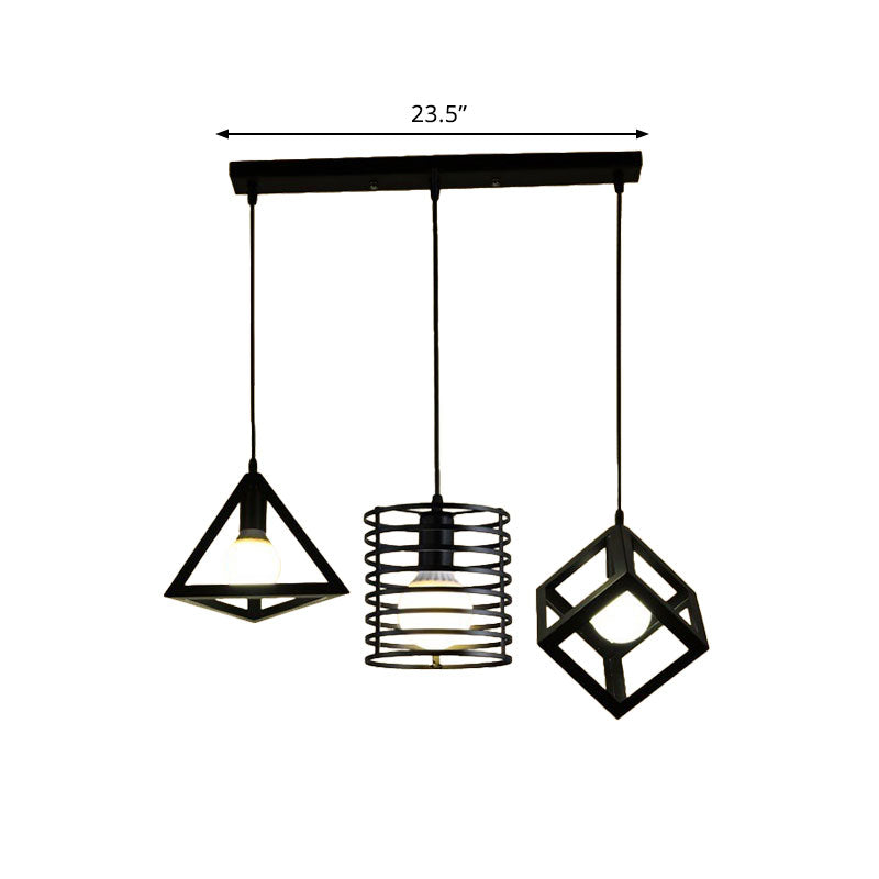 Industrial Metal Black Pendant Lamp With Wire Cage 3 Bulbs And Stylish Hanging Lighting For