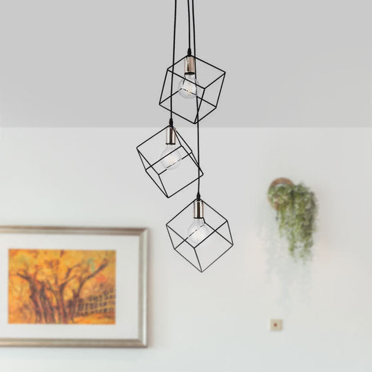 Industrial Black Metal Pendant Lighting: Square Suspension Light With 3 Lights For Foyer