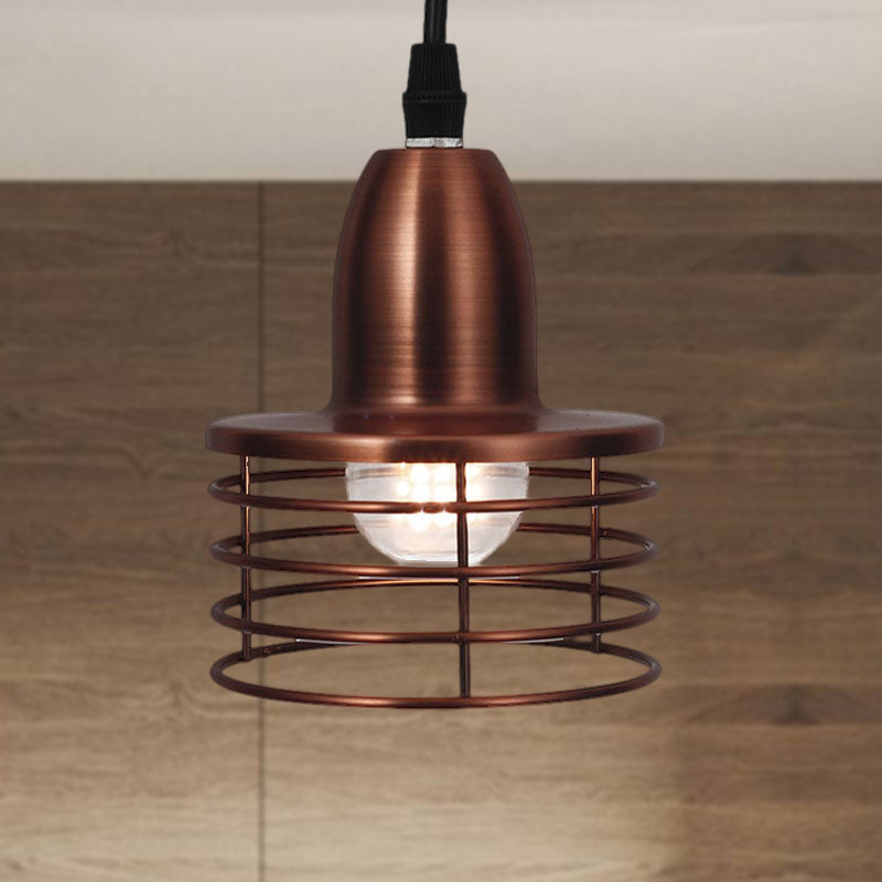 Industrial Retro Pendant Lighting: 1-Light Drum With Wire Cage Shade For Kitchen Ceiling
