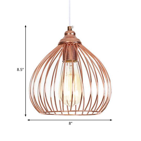 Industrial Rose Gold Gourd Pendant Light With Wire Guard - Single Hanging Ceiling