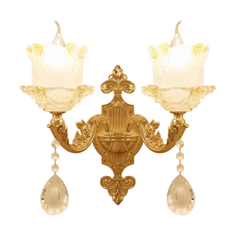 Brass Wall Mount Sconce With Scrolled Arms Glass Blossom Shade And Crystal Accents