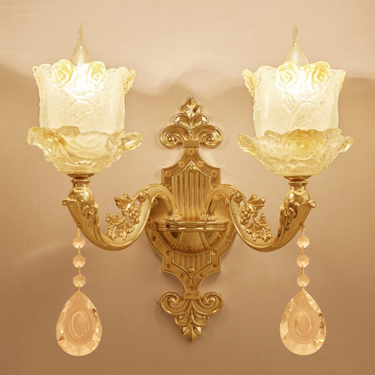 Brass Wall Mount Sconce With Scrolled Arms Glass Blossom Shade And Crystal Accents