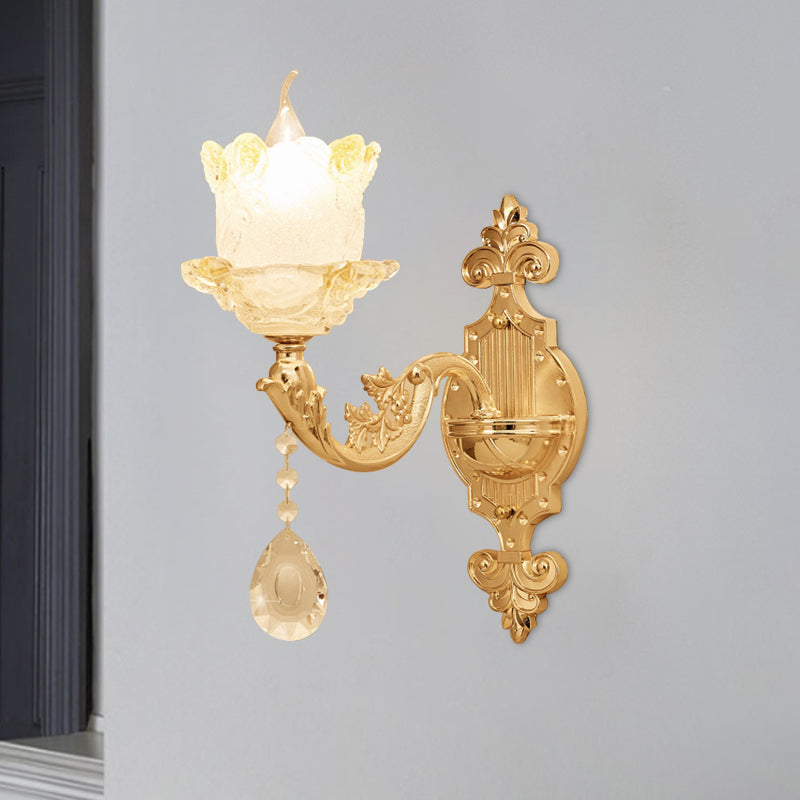 Brass Wall Mount Sconce With Scrolled Arms Glass Blossom Shade And Crystal Accents
