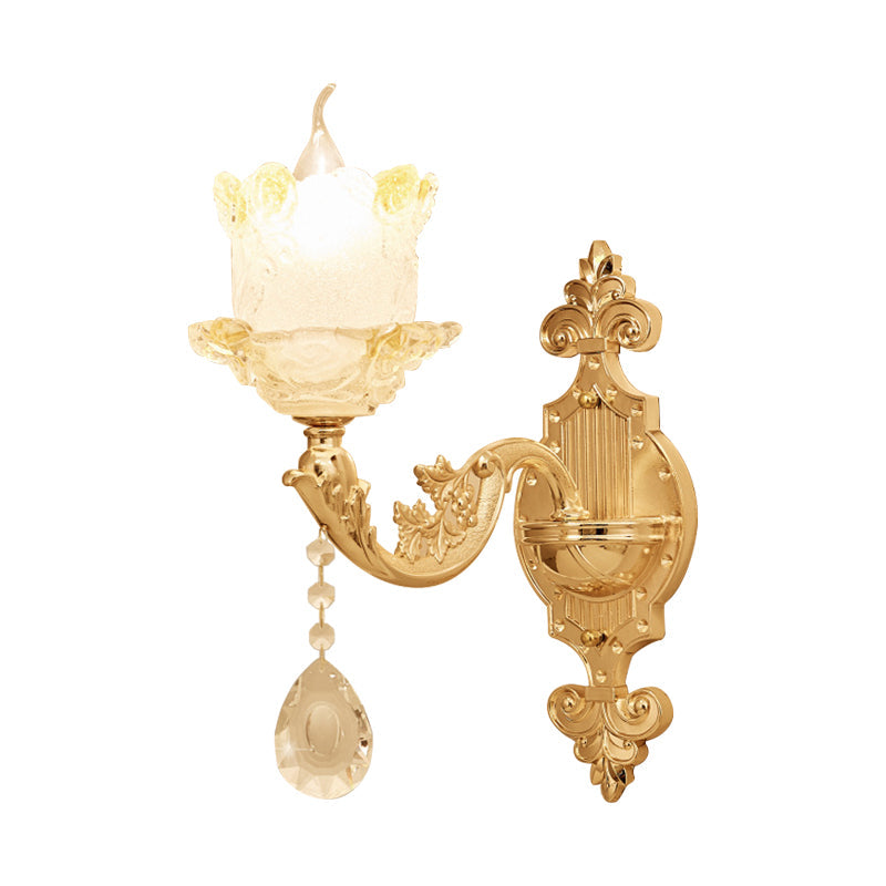 Brass Wall Mount Sconce With Scrolled Arms Glass Blossom Shade And Crystal Accents