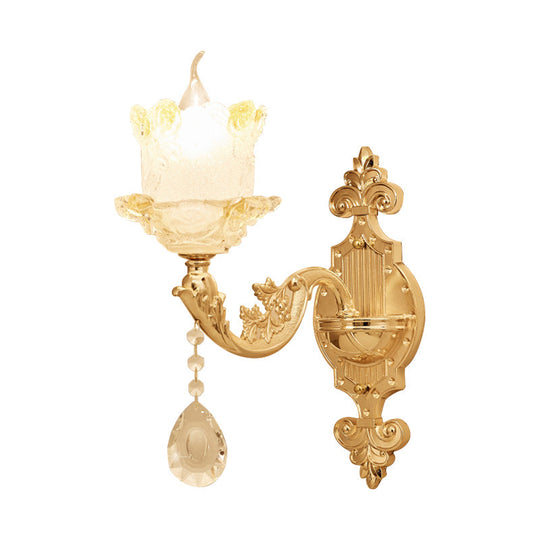 Brass Wall Mount Sconce With Scrolled Arms Glass Blossom Shade And Crystal Accents