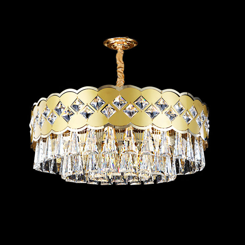 Modern 9-Head Drum Chandelier With Gold Finish Clear Crystal Drops - Great Room Pendant Lighting