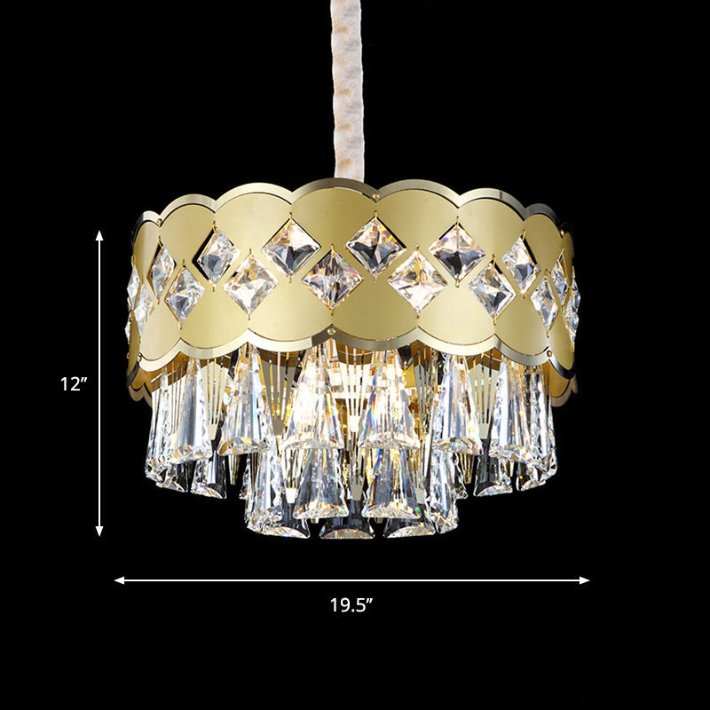 Modern 9-Head Drum Chandelier With Gold Finish Clear Crystal Drops - Great Room Pendant Lighting