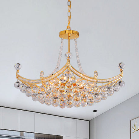 Contemporary Chrome/Gold Clear Crystal Balls Hanging Chandelier - 6-Bulb Cornice Frame Pendant Gold