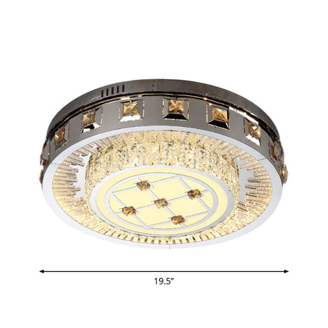 Contemporary Led Bedroom Lighting Fixture - Stainless Steel Flush Mount With Circular Crystal Blocks