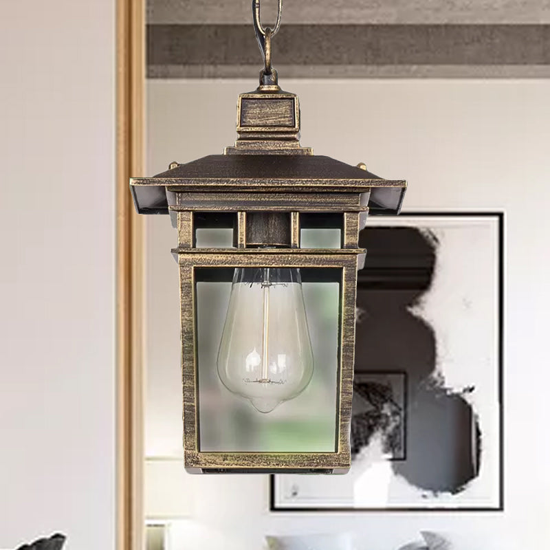 Industrial Lantern Hanging Pendant Lamp - Metal & Clear Glass 1 Light Outdoor Porch Lighting In