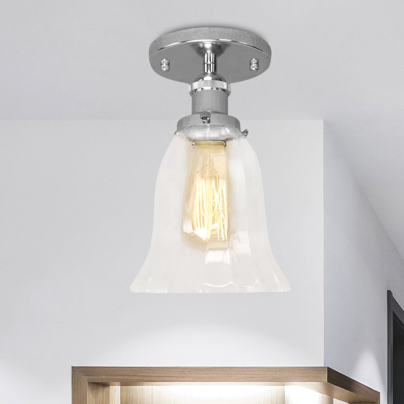 Industrial Flared Glass Semi Flush Mount Light With Clear Bulb In Black/Bronze/Copper