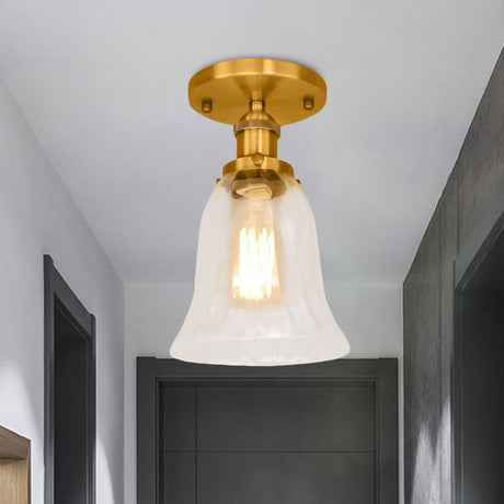 Industrial Flared Glass Semi Flush Mount Light With Clear Bulb In Black/Bronze/Copper
