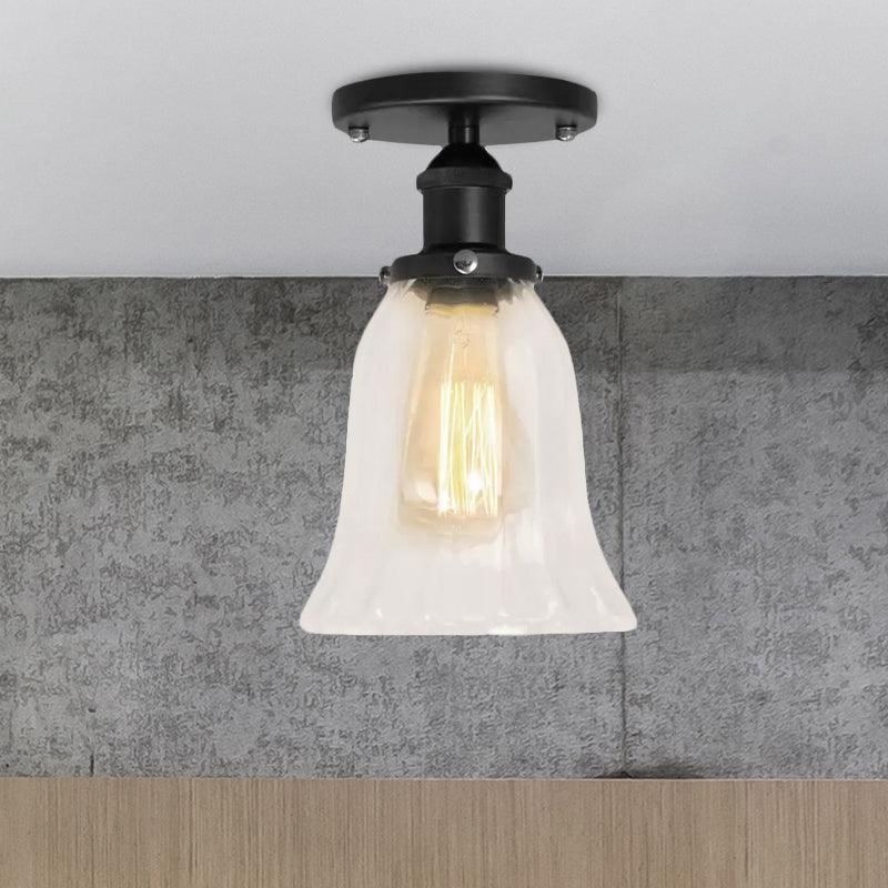 Industrial Flared Glass Semi Flush Mount Light With Clear Bulb In Black/Bronze/Copper