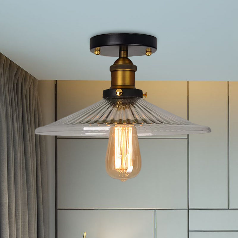 Semi Mount Ribbed Glass Cone Ceiling Light In Black/Brass/Copper - Industrial Style For Living Room