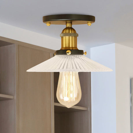 Semi Mount Ribbed Glass Cone Ceiling Light In Black/Brass/Copper - Industrial Style For Living Room
