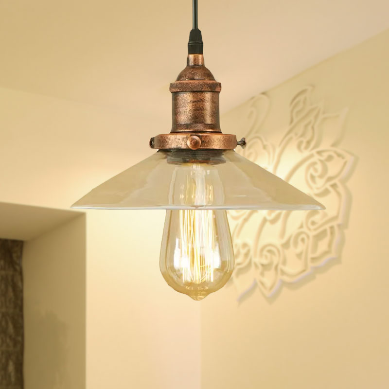 Industrial Clear Glass Pendant Lamp With Cone Shade - Black/Rust/Copper Finish Living Room Hanging