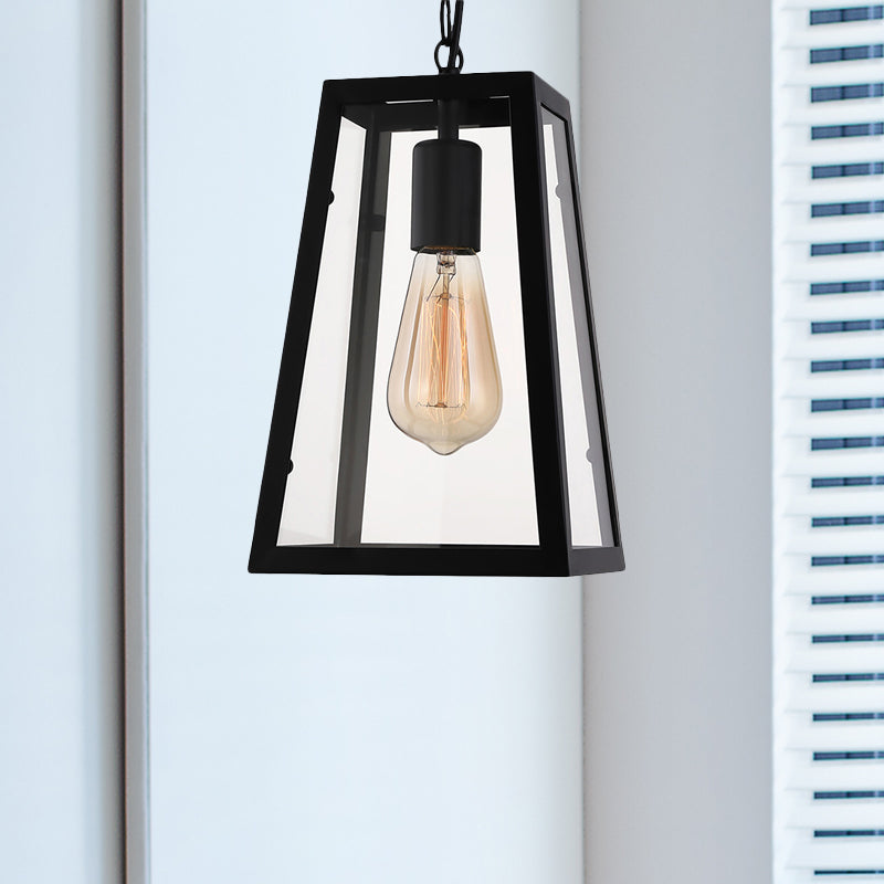 Industrial Trapezoid Pendant Light With Clear Glass & Black Finish 7’/12’ Wide