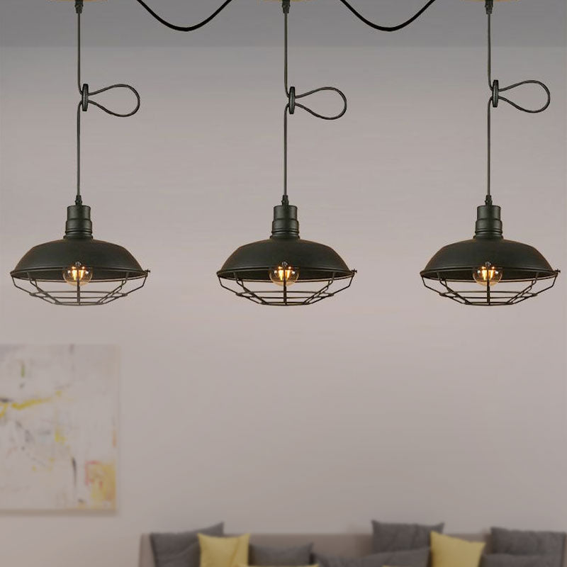 Industrial Barn Metal Pendant Light With Wire Cage - 3/5 Lights In Black Finish For Kitchen