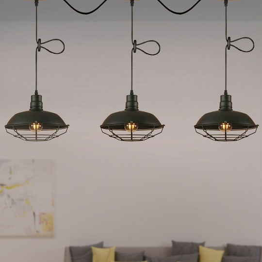 Industrial Barn Metal Pendant Light With Wire Cage - 3/5 Lights In Black Finish For Kitchen